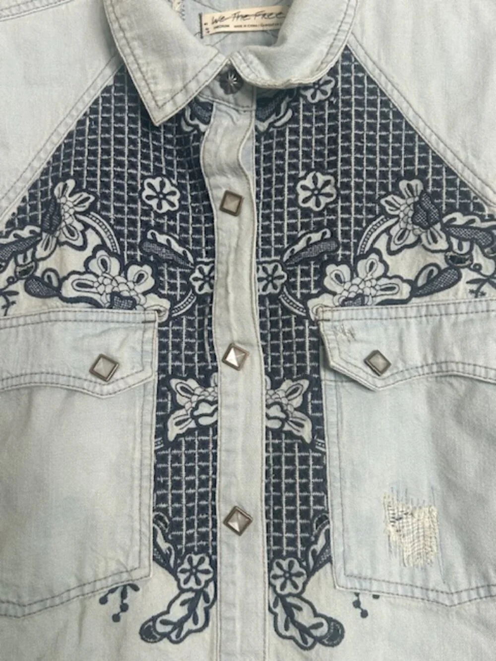 We the Free x Free People Western Wear Cutoff Denim Embroidered Fray Snap Top - Picture 4 of 16